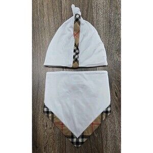 Burberry Nova Check Cotton French Terry Baby Bib OS Snaps and Stretchy Skull Cap
